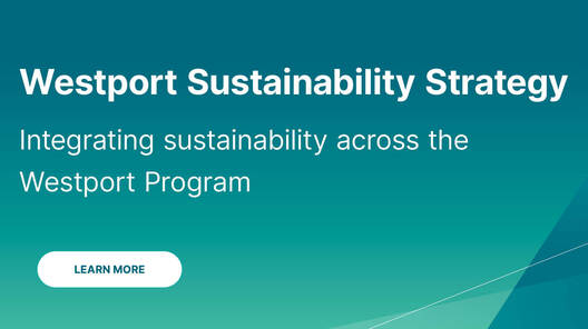 Graphic with white words on a teal background that read Westport Sustainability Strategy, integrating sustainability across the Westport Program.