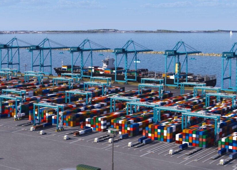 3D artist impression of the potential new Kwinana-based port with the breakwater in the background.