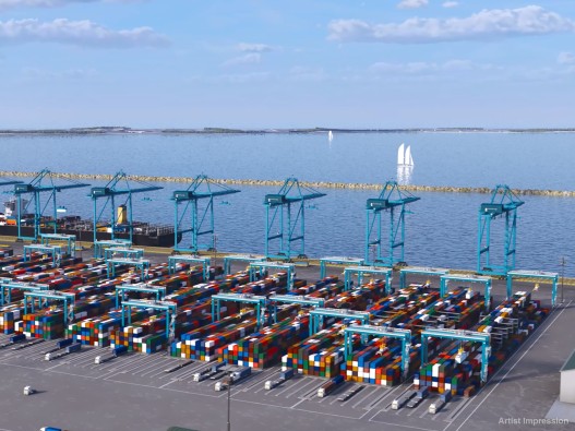 3D artist impression of the potential new Kwinana-based port with breakwater in the background.
