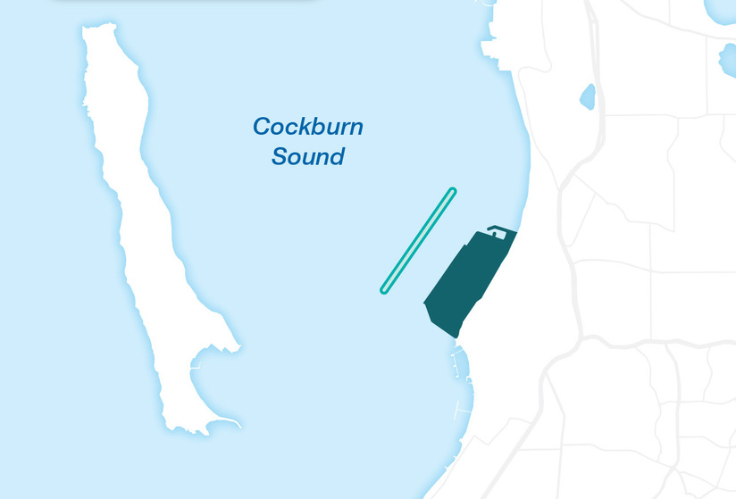 Map of the Cockburn Sound with two highlighted areas and a map legend explaining the two. One for the proposed breakwater, the other for the proposed port reclamation area.