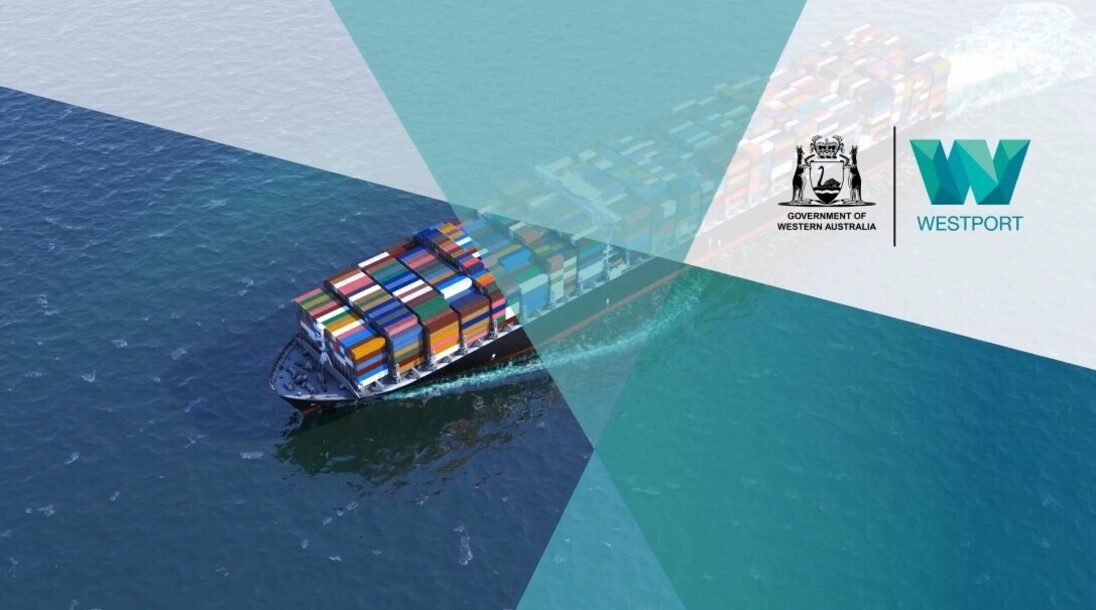 A 3D artist impression of a container ship at sea with the Government of Western Australia and Westport's logos overlaid.