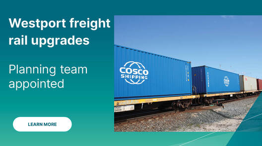 Teal graphic with image of shipping containers on rail with white wording which reads Westport freight rail upgrades Planning team appointed learn more.