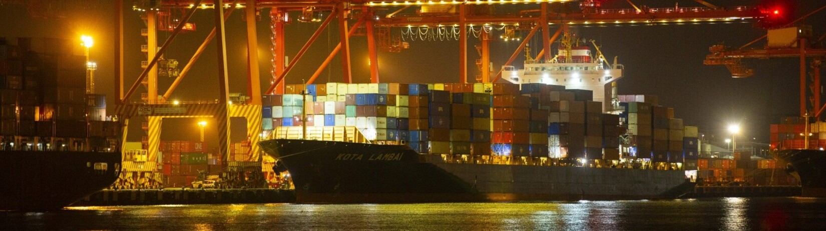 Photo of a loaded container ship under lights at night.