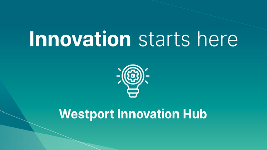 Teal green image with white text which reads innovation starts here and Westport innovation hub and a graphic of a lightbulb with a gear inside.
