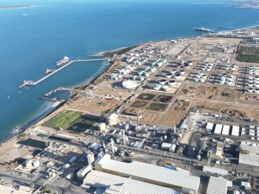 An aerial photo of the Kwinana Bulk Terminal and coastline