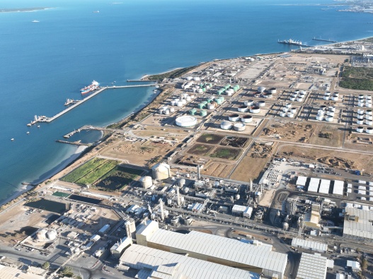 An aerial photo of the Kwinana Bulk Terminal and coastline