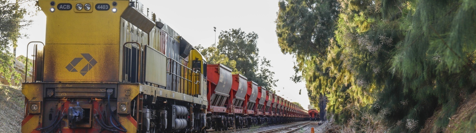 Photo of the side of a train and its industrial carriages
