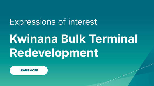Teal green image with white text which reads Expressions of interest Kwinana Bulk Terminal Redevelopment Learn More