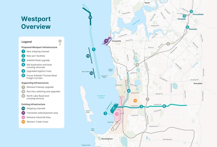 map of the Cockburn Sound and land between Perth and Rockingham, the legend provides a key for 13 different items relative to 'Proposed Westport Infrastructure', 'Supporting Infrastructure' and 'Existing Infrastructure'.