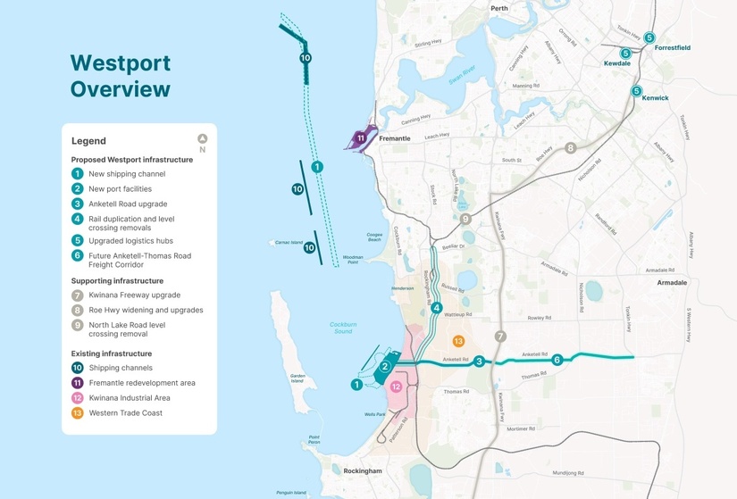 map of the Cockburn Sound and land between Perth and Rockingham, the legend provides a key for 13 different items relative to 'Proposed Westport Infrastructure', 'Supporting Infrastructure' and 'Existing Infrastructure'.