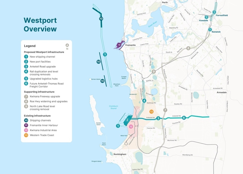 map of the Cockburn Sound and land between Perth and Rockingham, the legend provides a key for 13 different items relative to 'Proposed Westport Infrastructure', 'Supporting Infrastructure' and 'Existing Infrastructure'.