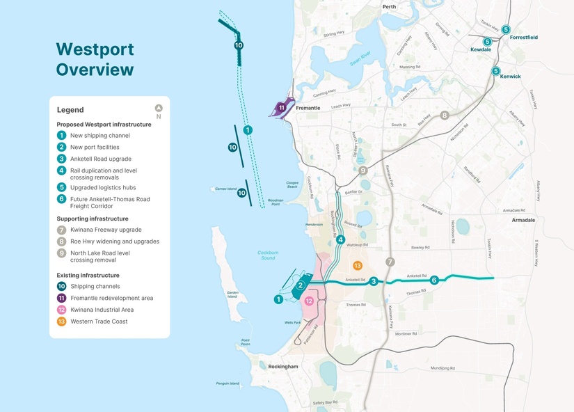 map of the Cockburn Sound and land between Perth and Rockingham, the legend provides a key for 13 different items relative to 'Proposed Westport Infrastructure', 'Supporting Infrastructure' and 'Existing Infrastructure'.