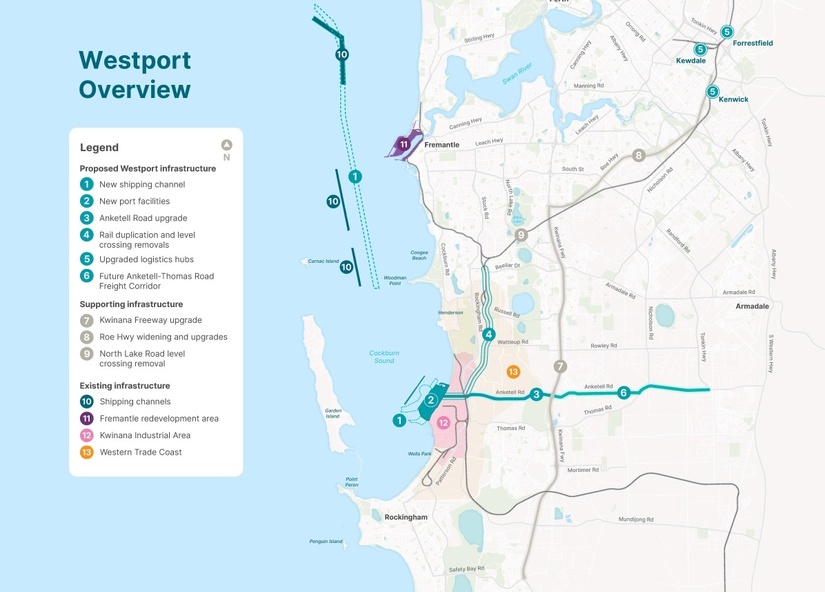map of the Cockburn Sound and land between Perth and Rockingham, the legend provides a key for 13 different items relative to 'Proposed Westport Infrastructure', 'Supporting Infrastructure' and 'Existing Infrastructure'.
